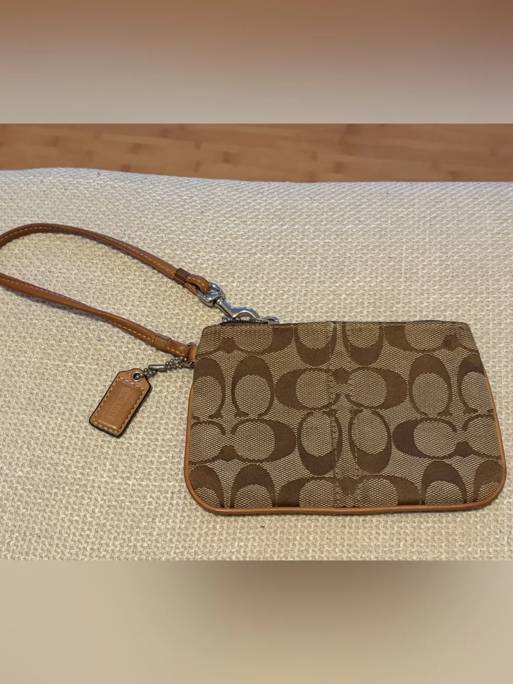 Coach Brown/Tan Signature Wristlet with Leather Strap
